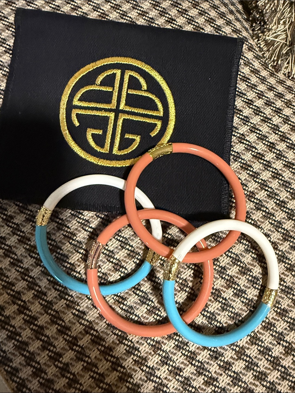 Stackable Enamel Bangle Set in Coral, White & Turquoise with Gold Accents